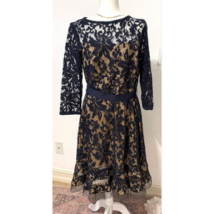 Tadashi Shoji Long Sleeve Dress Plus Size 16 Navy Beige Lace